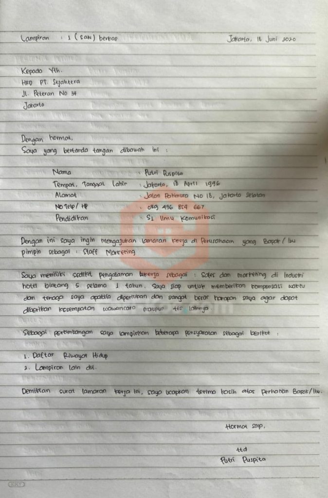 Surat Lamaran Kerja Tulis Tangan yang Baik dan Benar